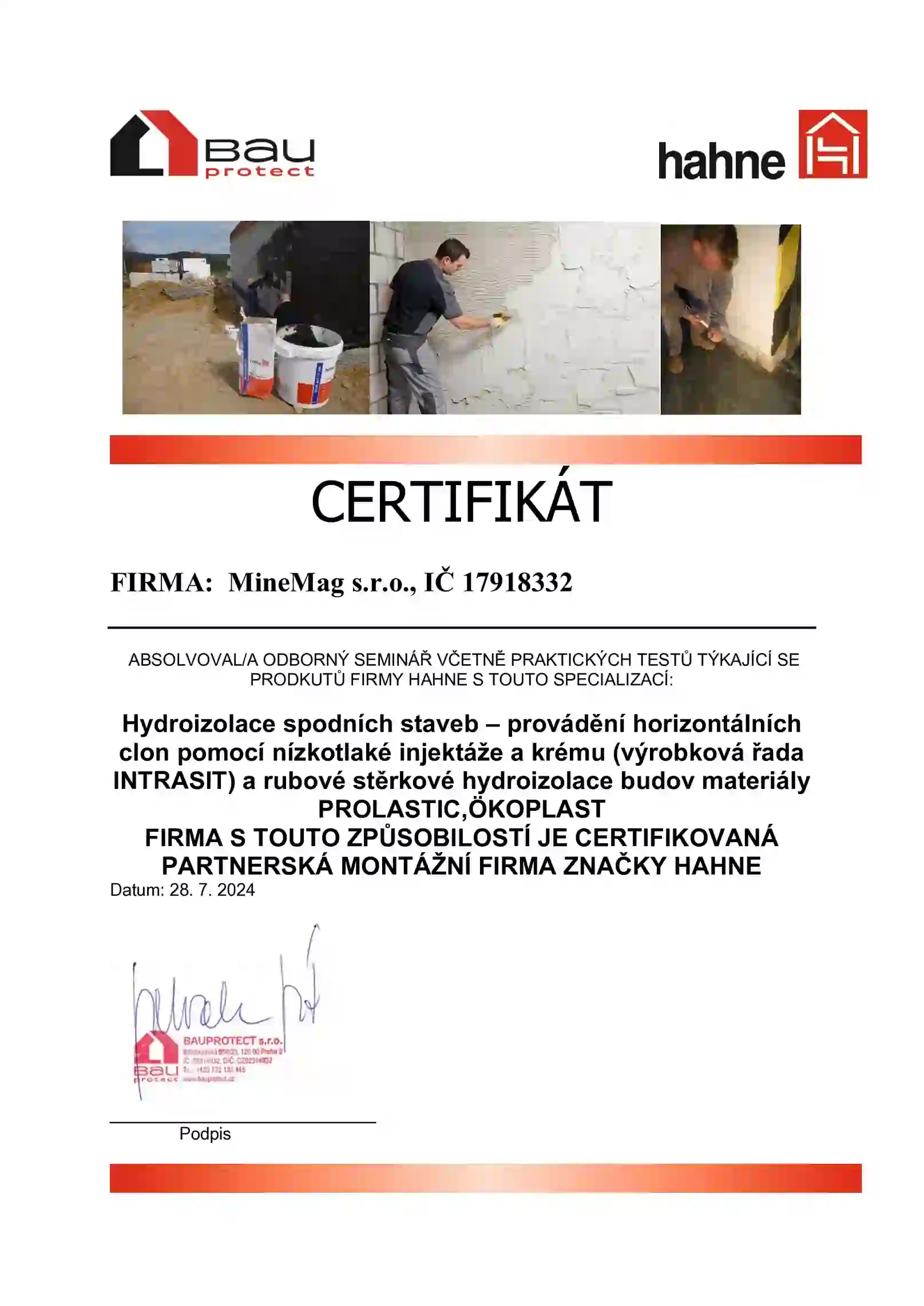 CERTIFIKÁT - ODBORNÁ MONTÁŽNÍ FIRMA SYSTÉMŮ HAHNE - MineMag s.r.o._IČ 17918332